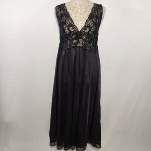 VTG Shadow Line Large Black Satin Nylon Lace Trim Slip Dress Nightwear Gothic